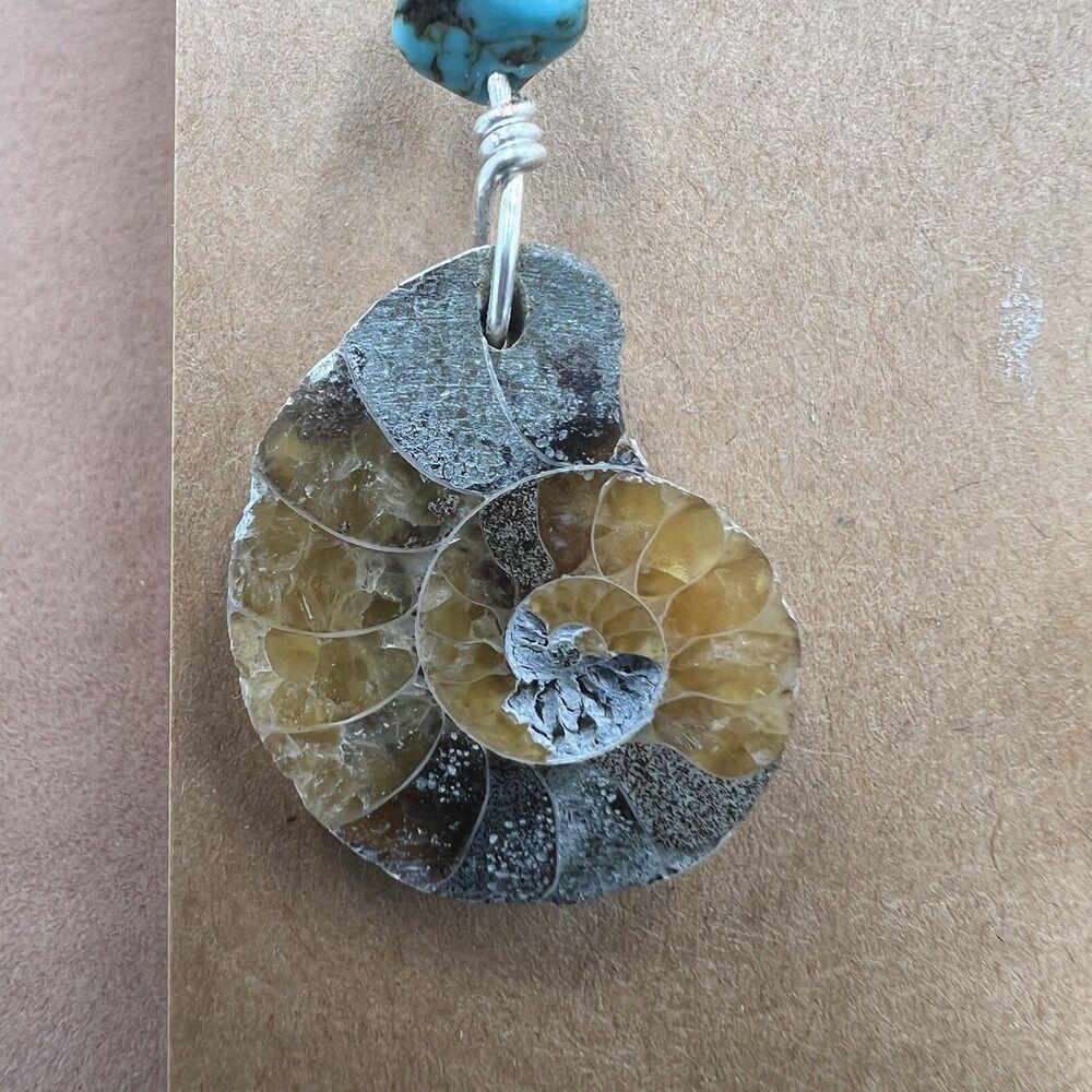 Natural Ammonite Fossil Gesmtone Silver Earrings  Handmade Turquoise & Sterling - Picture 2 of 7